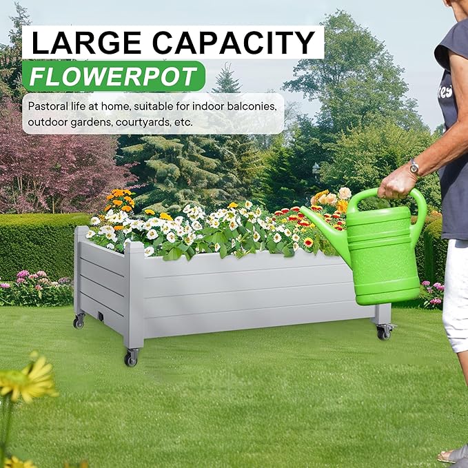 Raised Garden Bed with Wheels, 21 Gallon Self-Watering Outdoor Raised Planter Box with Drainage Plug & Gauge for Vegetables Flowers Herbs, Rustproof Resin for Backyard Patio Porch (Ashen)