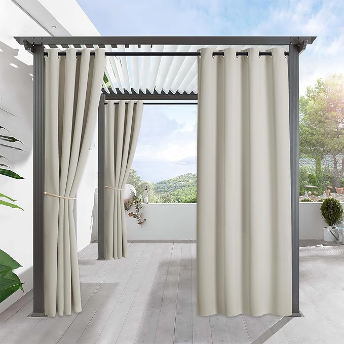 RYB HOME Outdoor Curtains for Patio Waterproof Block Sunlight Thermal Insulated Privacy Assured Thick Outside Curtains for Deck, Balcony, Pool, W52" x L63", Natural, 1 Panel