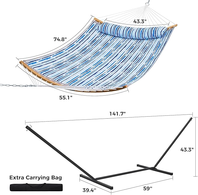 SUPERJARE Hammock with Stand, 2 Person Heavy Duty Hammock Frame, Detachable Pillow & Strong Curved-Bar & Portable Carrying Bag, Perfect for Outdoor & Indoor - Graffiti Blue