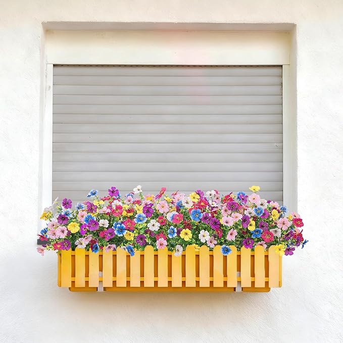 Bassion Artificial Flowers for Outdoors, 24 Bundles UV Resistant Fake Flowers Realistic Silk Faux Plants for Outdoor Planter Window Box Porch Patio Garden Home Outside Decorations