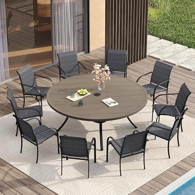 VICLLAX Large Patio Dining Furniture Set, Outdoor Dining Set for 10-60" Round Outdoor Table and Patio Stackable Chairs, Grey Wood-Like Tabletop and Dark Grey Fabric