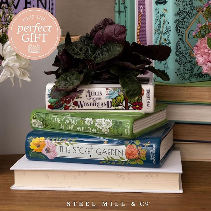 Steel Mill & Co Original Small Book-Shaped Decorative Planter, Ceramic Planter for Home Decor, Cute Bookshelf Accent, Unique Planter for Book Lovers, Alice/Wind in the Willows/Secret Garden