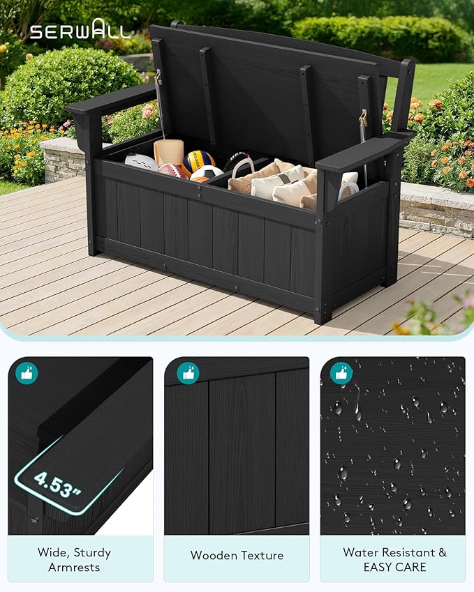 SERWALL HDPE Outdoor Storage Bench, All-Weather, UV-Resistant Deck Box with Waterproof Storage Bags, 57 Gallon Dual-Use Seat & Organizer Deck Boxes for Patio, Garden Tools & Pool (Matte Black)
