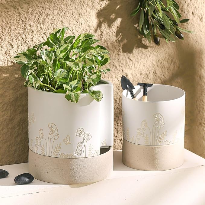 Nihow Self Watering Plant Pot: 8 Inch Ceramic Planter with Drainage Hole & Water Storage Plus for Indoor & Outdoor Plants - Cylinder Round Flower Pot for Succulent/Herbs/Violets - Nature & White