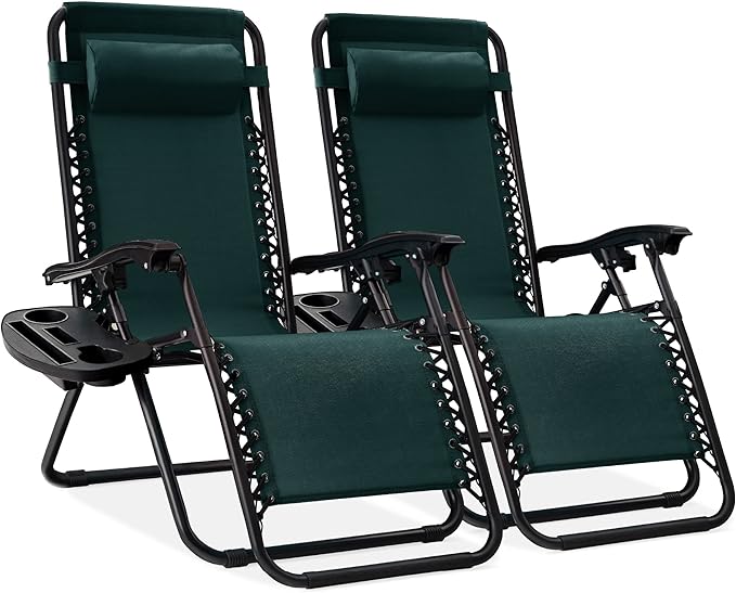 Best Choice Products Set of 2 Adjustable Steel Mesh Zero Gravity Lounge Chair Recliners w/Pillows and Cup Holder Trays - Forest Green