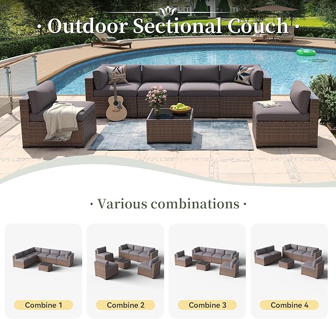 Aoxun 7 Piece Patio Furniture Set Wicker Rattan Patio Conversation Set Outdoor Sectional Sofa Set with Coffee Table and Thickened Cushions, Grey(Waterproof Cover Included)