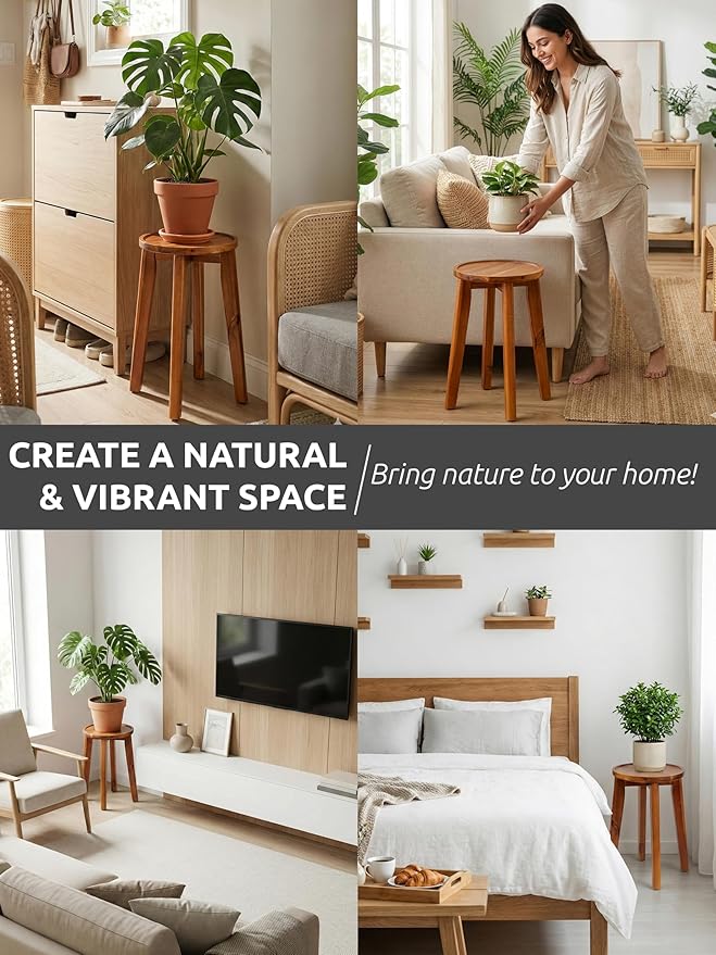 Demigo 15-Inch Tall Plant Stand for Indoor & Outdoor Use, Acacia Wooden Decorative Plant Shelf with Spill-Proof Tray, Flower Holder for Heavy Pots, Gardening Display - Natural Brown