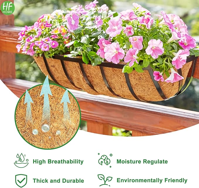 HFHOME 30" Window Box Deck Railing Planter with Horse Trough Coco Liners, Black Metal Hanging Flower Planters Baskets for Indoor, Outdoor, Balcony, Porch, Fence, Patio, and Lawn (Set of 2)