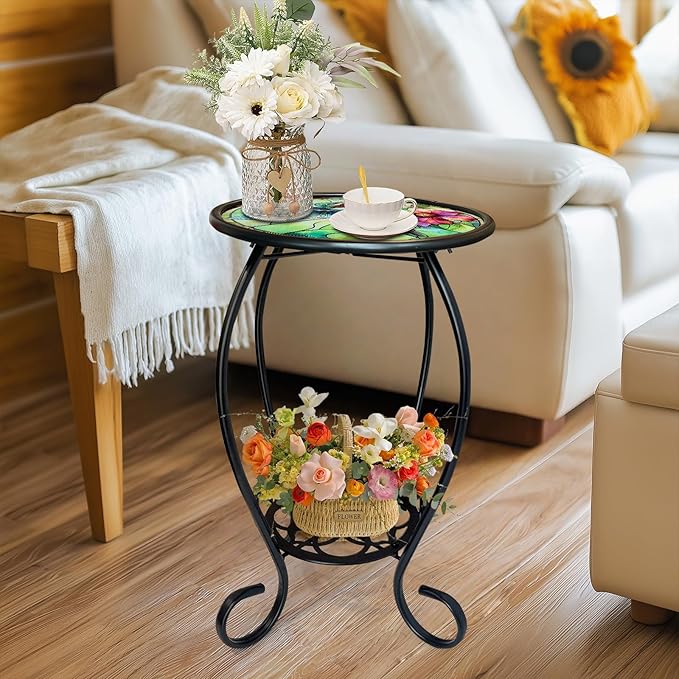 LIFFY Patio Side Table, 14" Round Mosaic Outdoor Table with Glass Hummingbird Tabletop, 21" Height 2-Tier Indoor Small Decorative Plant Stand & Accent Table with Metal Frame for Garden, Yard, Home