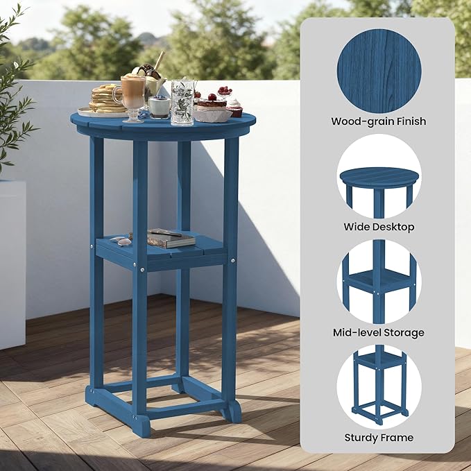 Ciokea 3-Pcs Bistro Table and Chairs, All-Weather Round High Top Bar Table with Storage Shelf and 2 Oversized Adirondack Chairs, Heavy Duty Outdoor Bar Patio Bistro Set for Balcony Deck, Navy Blue