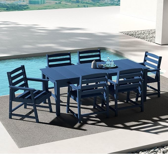 7-Piece Navy Blue Outdoor Dining Set for 6, 75.2'' HDPE Table with Umbrella Hole & Chairs, Weather-Resistant Patio Furniture for Garden, Lawn, or Poolside