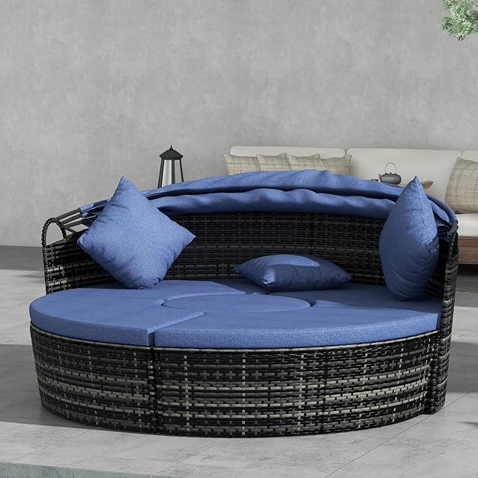 Outsunny 4-Piece Round Convertible Daybed with Cushions, Outdoor PE Rattan Patio Wicker Sofa Set, Sunbed with Adjustable Sun Canopy, Sectional Sofa, 2 Chairs, Table, 3 Pillows, Dark Blue