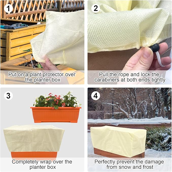 4 Pcs Rectangular Planter Box Cover Freeze Protection, Flower Box Covers Winter Frost Blanket with Drawstring for Outdoor Plants Balcony Windowsill Raised Beds(39.3x17.7x15.7 Inch)