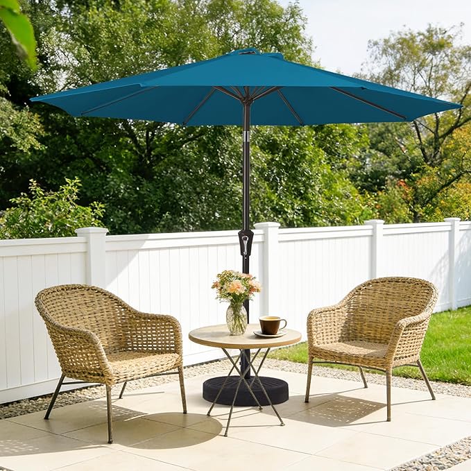 MEWAY 9ft Patio Umbrella Outdoor Table Umbrellas with Push Button Tilt and Crank, Market Umbrella 8 Sturdy Ribs for Deck, Garden, Pool and Backyard, Lake Blue