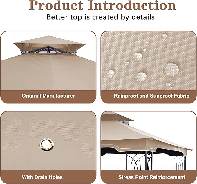 SCOCANOPY Replacement Gazebo Canopy for 10 x 12 Regency II Patio Gazebo Model L-GZ798PST,A101004104,A101004105,(Light Beige)