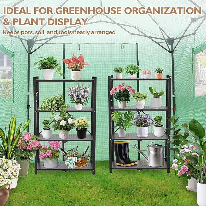 EAGLE PEAK 4-Tier Foldable Greenhouse Shelf, Heavy Duty Metal Storage Rack, No Assembly Steel Shelving Unit, Plant Stand for Greenhouse and Multi-Use Storage, 28”x14.6”x44.7”, 520 lbs, 1 Pack, Black