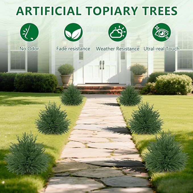 Artificial Norfolk Topiary Cedar Trees with Ground Spike, 2 Pieces Fake Pine Shrubs Bushes, UV Resistant Faux Evergreen Tree Plants for Indoor Outdoor Planters Front Porch