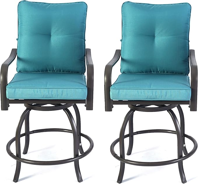 Kozyard Isabella Outdoor Swivel Bar Chairs, Counter Height Patio Bar Stools Set of 2 with Cushioned Seats, All-Weather Metal Bistro Chairs for Backyard Dining (Aqua, with Cushion)