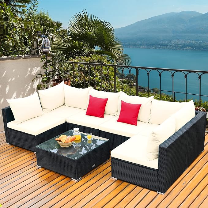Tangkula 7-Piece Patio Furniture Set, Outdoor Sectional Sofa w/Pillows & Cushions, Wicker Conversation Set with Coffee Table & Tea Table for Garden & Lawn (Beige)
