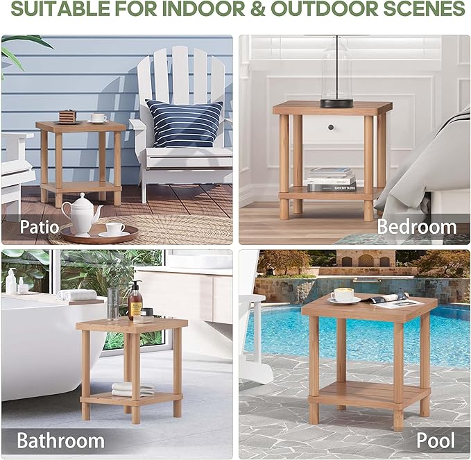 Outdoor Side Table, 2-Tier Small Outdoor Table for Patio, Adirondack Side Tables for Outside or Indoor, Bamboo End Table for Pool, Porch, Weather Resistant Easy Maintenance