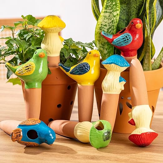 4 Pack Watering Globes - Terra Cotta Watering Spikes for Indoor Plants, Handcrafted Mushroom Shape Self Watering Devices with Slow Release System, Plant Water Bulbs for Vacation & Outdoor Pot