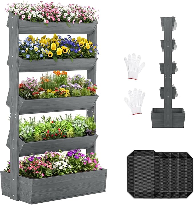 SUNYRISY 5 Tiers Vertical Raised Garden Bed Outdoor Planter Tower, Wooden Freestanding Planter Box for Planting Herbs Flowers Vegetables Patio Balcony Indoor Outdoor Gardening, Grey