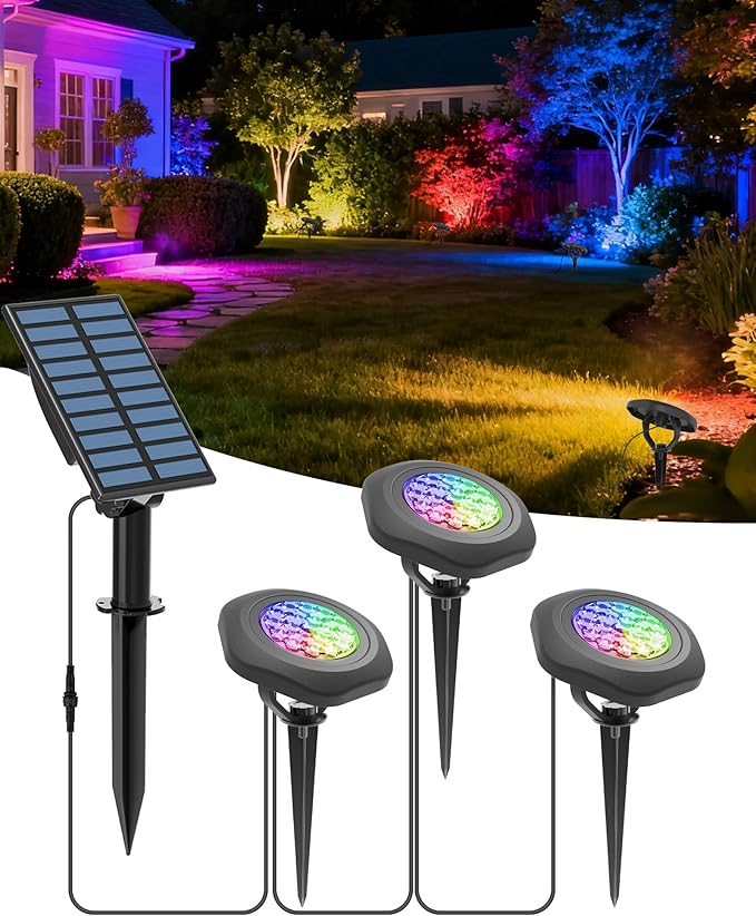 CORESLUX Solar Spot Lights Outdoor Waterproof IP68, 3-in-1 LED Color Changing Solar Landscape Lights, 2 Light Modes Landscape Path Lights for Outside Garden Yard Pond Pathway