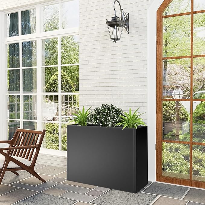 Tall Metal Planter Box for Outdoor Plants 30" L x 12" W x 24" H, Heavy Duty Steel Large Planter Box with Removable Insert Shelf, Modern Décor for Tall Plants, Trees, Flowers (Black)