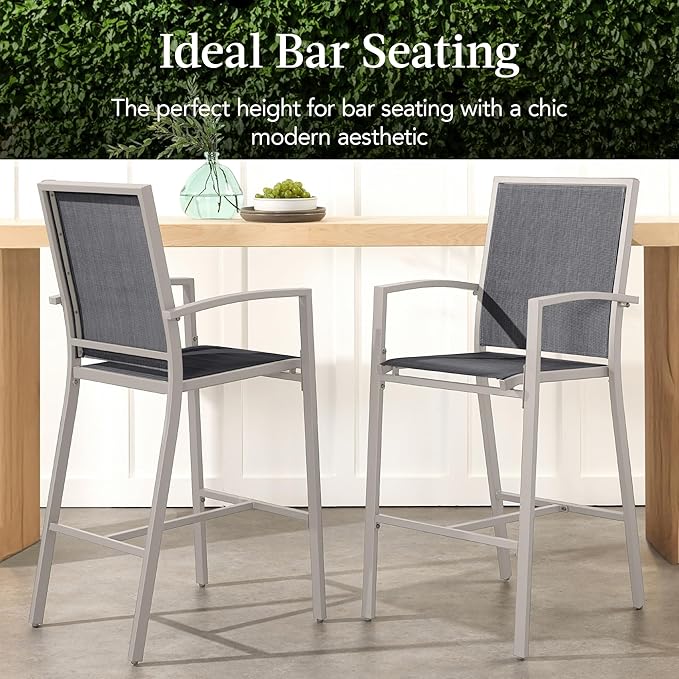 Best Choice Products Outdoor Bar Stools Set of 2, Bar Height, Patio Furniture, All Weather Mesh Design w/Armrest - Taupe/Charcoal