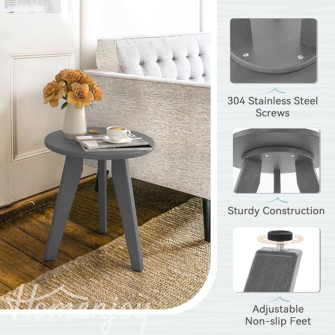 HDPS Outdoor Side Table, Small Round Side Table Weather-Resistant, Outdoor Side Tables for Patio, Porch, Deck, End Table for Plant Stand, Living Room, Bedroom, Gray