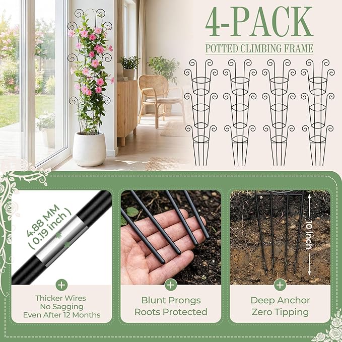 4 Pack 43 Inch Metal Plant Trellis for Climbing Plants - Rustproof Garden Trellis for Large Potted Houseplants, Sturdy Plant Support Indoor Outdoor for Monstera & Vines, Home Decor