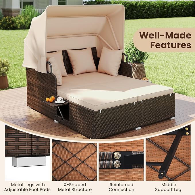 Tangkula Patio Rattan Daybed with Retractable Canopy, Outdoor Wicker Sunbed with 2 Foldable Side Tables, Thick Seat & Back Cushions, Outside Double Daybed for Garden, Backyard, Porch, Beige & Brown