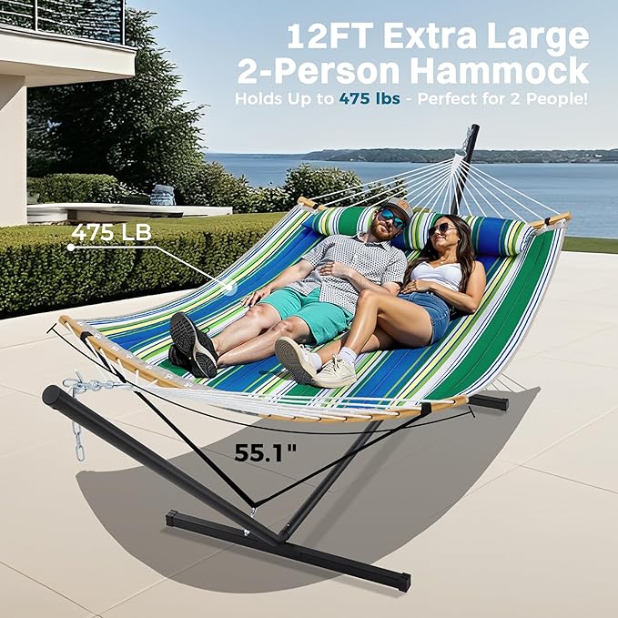 SUPERJARE Curved-Bar Hammock with Stand, 2 Person Heavy Duty Hammock Frame, Detachable Pillow & Portable Carrying Bag, Perfect for Outdoor & Indoor, Green Bold Stripe