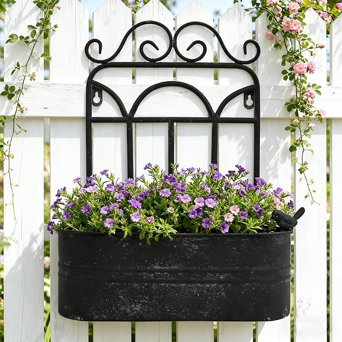 Rustic Metal Wall Planter Vintage Wall Mounted Flower Pot Distressed Wall Hanging Plant Basket Farmhouse Wall Decor for Indoor Outdoor Garden Home Yard (Black)