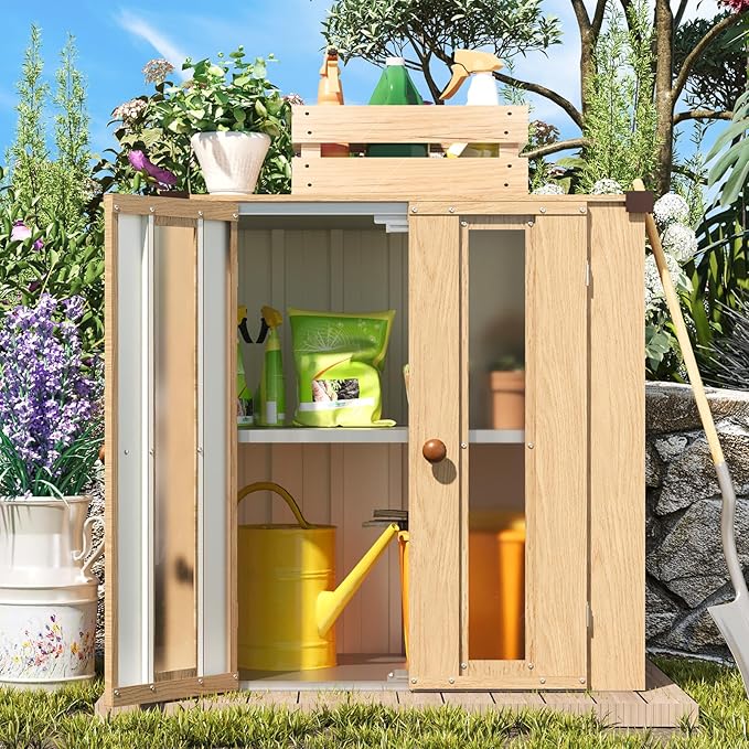 AECOJOY Outdoor Storage Cabinet Waterproof with Shelves, Small Vertical Garden Storage Sheds, Garden Sheds & Outdoor Storage Cabinet Weatherproof for Patio Wood Grain