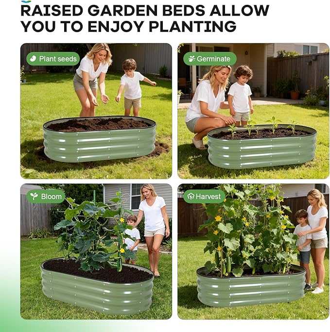 Galvanized Raised Garden Bed Outdoor, 4x2x1ft Oval Metal Raised Beds for Gardening, Rust-Resistant Garden Planter Box with Tools for Planting Vegetables, Flowers, Fruits in Lawn (Olive Green)