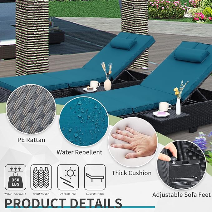 WAROOM Outdoor Chaise Lounge Chairs for Outside Patio Furniture Set of 2 Wicker Recliner Black Rattan Sunbathing Lounger Adjustable Backrest Pool Reclining Chair, Peacock Blue Cushion
