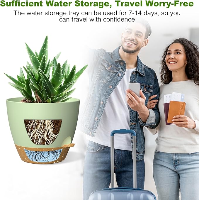 12 Inch Large Self Watering Pots, Flower Pots with Multi-Mesh Drainage Holes and Saucer, Planters for Indoor and Outdoor Garden Plants (Green with Brown)