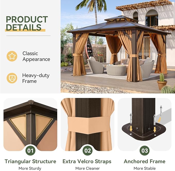 Aoxun 12'x12' Hardtop Gazebo, Aluminum Frame Permanent Pavilion with Curtains and Netting, Outdoor Polycarbonate Double Roof Canopy, Designed for Garden, Lawns, Patio, Brown