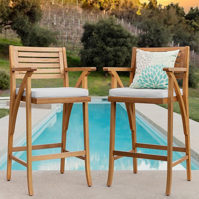 Best Choice Products Set of 2 Outdoor Acacia Wood Bar Stools Bar Chairs for Patio, Pool, Garden w/Weather-Resistant Cushions - White Sand