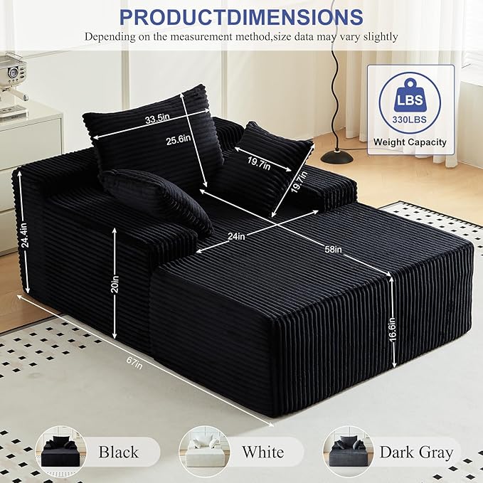 67 Inch Chaise Lounge Chair Indoor, Oversized Upholstered Boneless Sofa Bed, Corduroy Deep Seat Sleeper Couch Reading Chairs, Comfy Cloud Sofas Couches for Living Room, No Assembly Required (Black)
