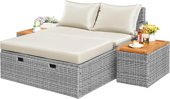 Flamaker Outdoor Rattan Daybed with 2 Side Tables, Multifunctional Wicker Patio Sofa with Storage Ottoman, Cushions, Sunbed Wicker Furniture Chaise Lounge Chair for Backyard Porch Poolside(Beige)