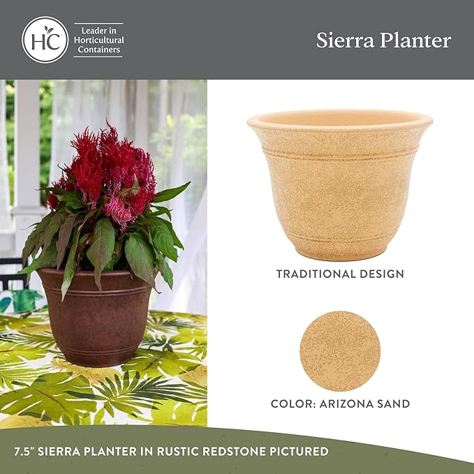 The HC Companies Sierra Round Self-Watering Pot - Lightweight Plastic Planter for Herbs & More - Durable Plant Pots for Indoor Plants & Outdoor Plants (7.5” Arizona Sand, Pack of 1)
