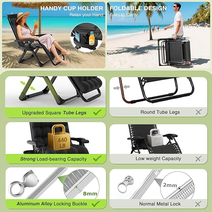 Suteck Zero Gravity Chair Set of 2, Reclining Camping Lounge Chair w/Removable Cushion, Upgraded Lock and Cup Holder, Reclining Patio Chairs Folding Recliner for Indoor and Outdoor
