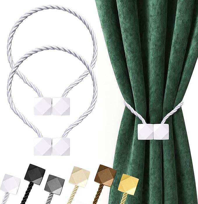 Hion Magnetic Curtain Tiebacks White 2pcs, Curtain Tiebacks Buckles Holdbacks Holders Hooks Clip for Home Bedroom Office Decorative Curtain