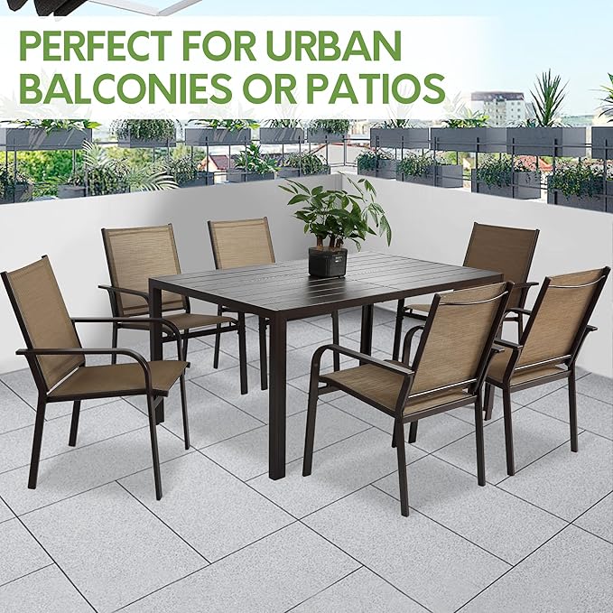 7 Piece Patio Dining Set for 6, 6 Stackable Textilene Chairs and 1 Dining Table Outdoor Furniture Set, Brown