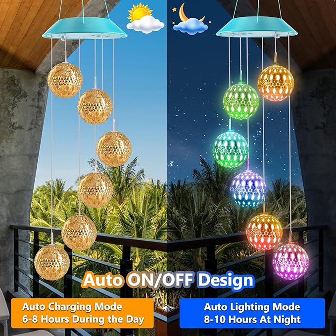Toodour Solar Wind Chime, Color Changing Moroccan Ball Wind Chimes, LED Decorative Mobile, Gifts for Mom, Waterproof Outdoor Decorative Lights for Garden, Patio, Party, Yard, Outdoor Easter Decor