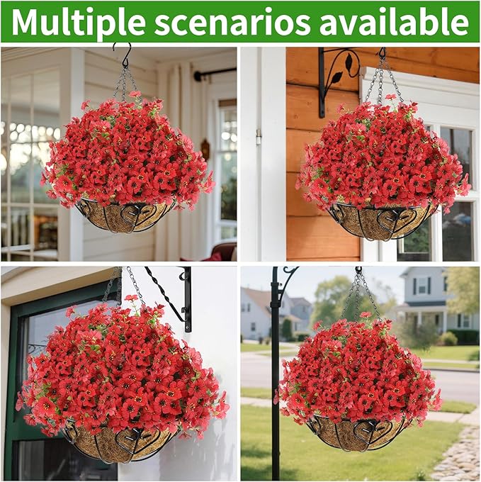Artificial Hanging Flower for Outdoors, Fake Hanging Basket for Outside,1 Hanging Basket with 13 Pcs Faux Silk Flowers for Porch, Balcony and Patio Decor(Red)