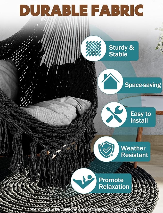 Chihee Hammock Chair Super Large Soft-Spun Cotton Rope Weaving Hanging Chair, Collapsible Strong Metal Spreader Bar Wide Seat Lace Stretch Swing Chairs Indoor Outdoor Garden Yard Theme Decoration