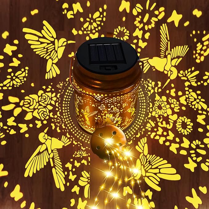 Solar Lights Outdoor Waterproof Garden Decor,Solar Watering Can Lights Hummingbird lanterns,Birthday Gifts for Mom Women,Decorative Outside Metal Hanging Fairy String Light for Yard Art Patio Porch